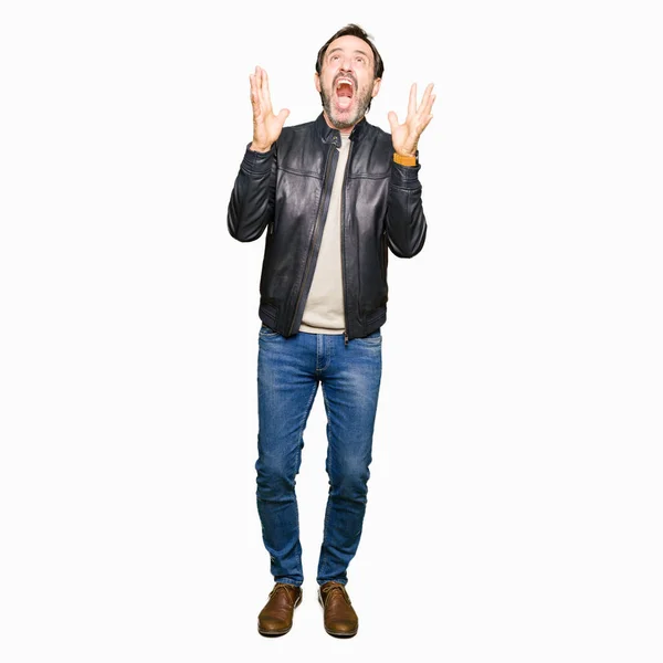 Middle Age Handsome Man Wearing Black Leather Jacket Crazy Mad — Stock Photo, Image