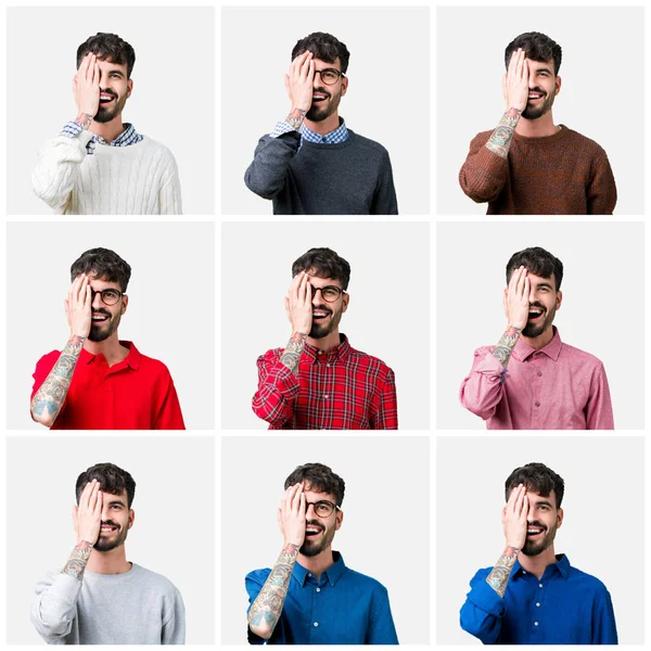 Collage Young Man Isolated Background Covering One Eye Hand Confident — Stock Photo, Image