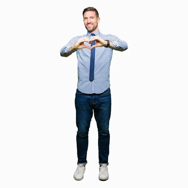 Hombre Negocios Guapo Con Corbata Sonriendo Amor Mostrando Símbolo Del —  Fotos de Stock