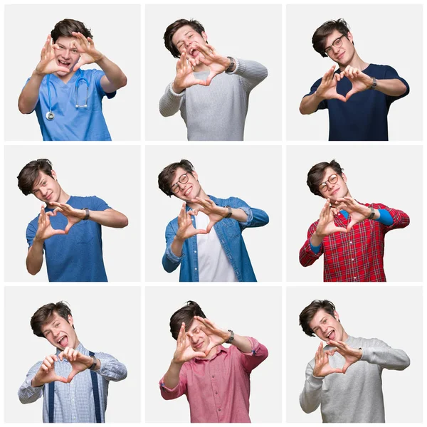 Collage Young Man White Isolated Background Smiling Love Showing Heart — Stock Photo, Image