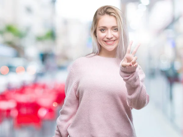 Giovane Donna Bionda Indossa Maglione Invernale Sfondo Isolato Sorridente Con — Foto Stock