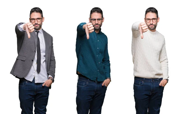 Colagem Homem Negócios Bonito Sobre Fundo Isolado Branco Olhando Infeliz — Fotografia de Stock