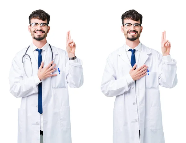 Colagem Jovem Médico Vestindo Casaco Médico Jurando Com Mão Peito — Fotografia de Stock