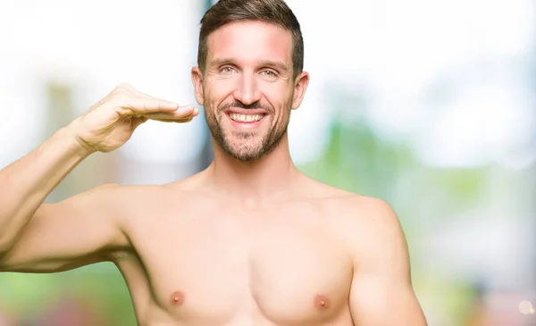 Handsome Shirtless Man Showing Nude Chest Gesturing Hands Showing Big — Stock Photo, Image