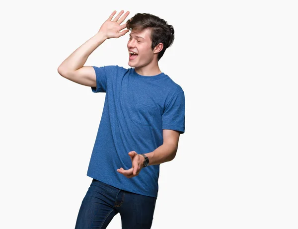 Young Handsome Man Wearing Blue Shirt Isolated Background Dancing Happy — Stock Photo, Image