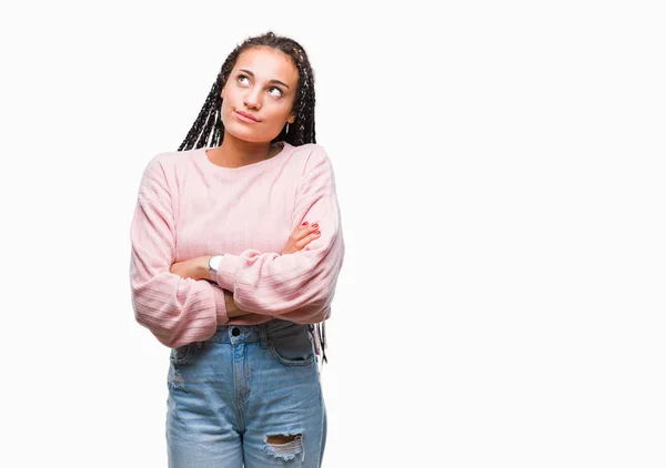 Jovem Trançado Cabelo Afro Americano Menina Vestindo Suéter Sobre Fundo — Fotografia de Stock