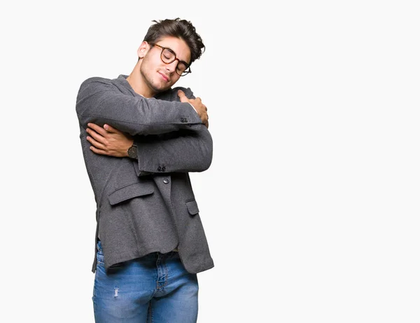 Jovem Homem Negócios Usando Óculos Sobre Fundo Isolado Abraçando Feliz — Fotografia de Stock