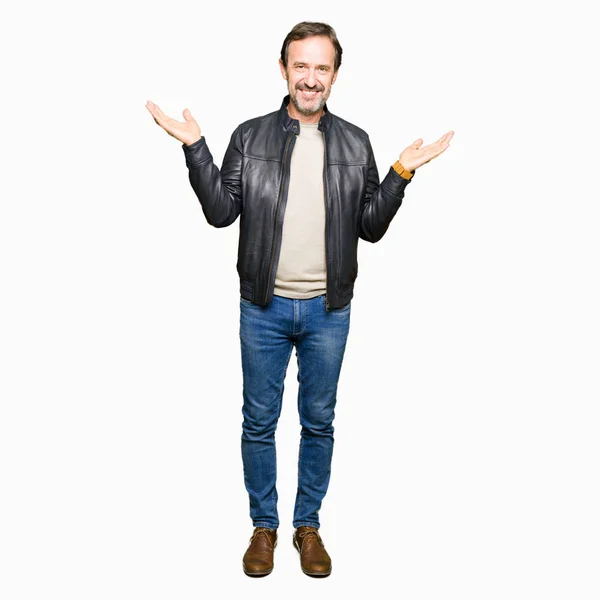 Middle Age Handsome Man Wearing Black Leather Jacket Smiling Showing — Stock Photo, Image