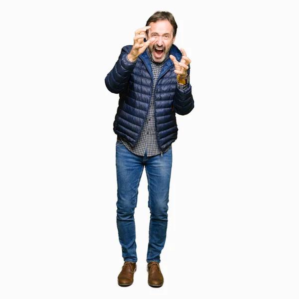 Middle Age Handsome Man Wearing Winter Coat Shouting Frustrated Rage — Stock Photo, Image