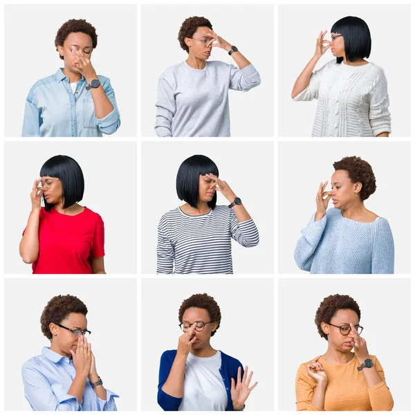 Bir şey pis ve iğrenç kokulu izole arka plan, dayanılmaz koku, holding nefes burun parmaklar ile afro saçlı genç Afro-Amerikan kadın. Kötü kokuyor kavramı.