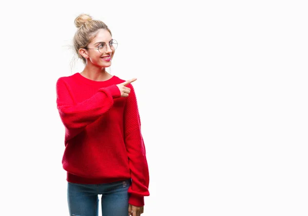 Junge Schöne Blonde Frau Trägt Roten Pullover Und Brille Über — Stockfoto