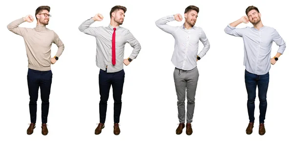 Collage Handsome Young Business Man White Isolated Background Stretching Back — Stock Photo, Image