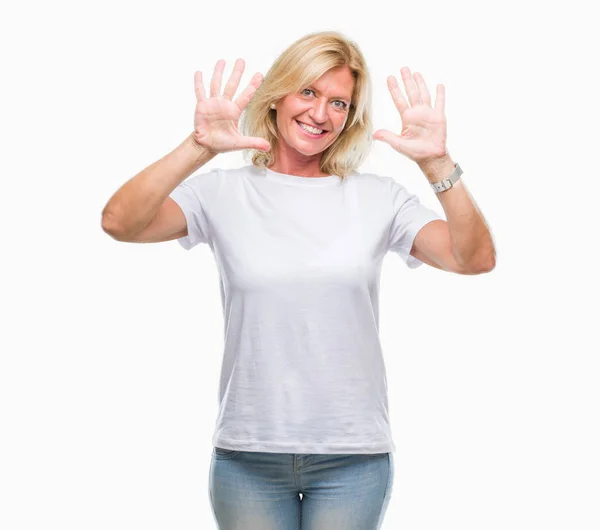 Middle Age Blonde Woman Isolated Background Showing Pointing Fingers Number — Stock Photo, Image