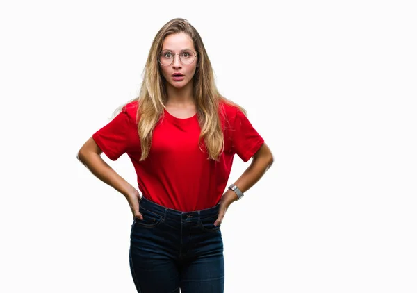 Young Beautiful Blonde Woman Wearing Glasses Isolated Background Afraid Shocked — Stock Photo, Image