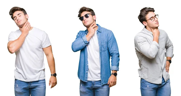 Collage Young Handsome Man Wearing Sunglasses Isolated Background Touching Painful — Stock Photo, Image