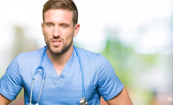 Handsome Doctor Man Wearing Medical Uniform Isolated Background Hand Stomach — Stock Photo, Image