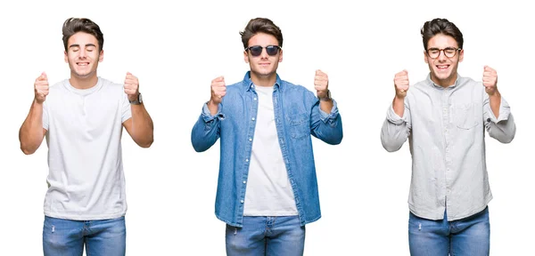 Colagem Homem Bonito Jovem Sobre Fundo Isolado Animado Para Sucesso — Fotografia de Stock