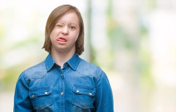 Mujer Adulta Joven Con Síndrome Sobre Fondo Aislado Sacando Lengua —  Fotos de Stock