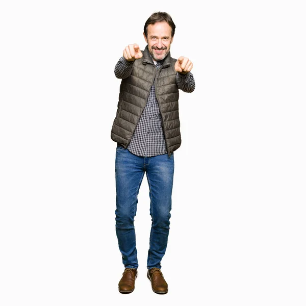 Middle Age Handsome Man Wearing Winter Vest Pointing You Camera — Stock Photo, Image