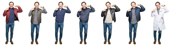 Collage Hombre Guapo Mediana Edad Con Diferentes Miradas Sobre Fondo —  Fotos de Stock