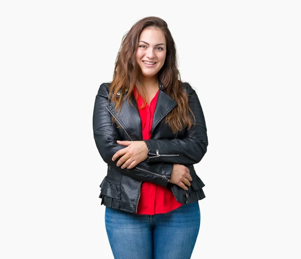 Beautiful Size Young Woman Wearing Fashion Leather Jacket Isolated Background — Stock Photo, Image