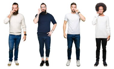 Kolaj Grup Genç üzerinde beyaz bir arka plan ağız izole ve parmak ile ZIP olarak Dudaklarını kapa. Gizli ve sessiz, tabu söz