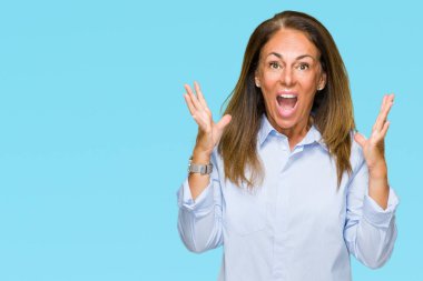 Güzel orta yaş iş yetişkin kadın deli kutluyor arka plan izole ve başarı için kaldırdı kollarını açarak hayrete ve heyecanlı çığlık gözleri açık. Kazanan kavramı