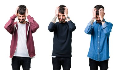 Çünkü çaresiz ve stresli baş ağrısı acı izole arka plan üzerinde genç adam kolaj ağrı ve migren. Ellerini kafasına.