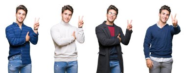 Genç yakışıklı iş adamı mutlu yüz zafer işareti yaparken kameraya göz kırpıyor ile gülümseyen izole arka plan üzerinde kolaj. İki numaralı.