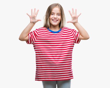 Genç güzel kız gösterilen ve parmakları ile işaret izole arka plan üzerinde kendinden emin ve mutlu gülümseyerek süre on numara.