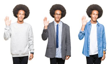 Genç adam beyaz izole arka plan Waiving mutlu selam söyleyerek üzerinde afro saçlı ve gülümseyen, dostça karşılama jest kolaj
