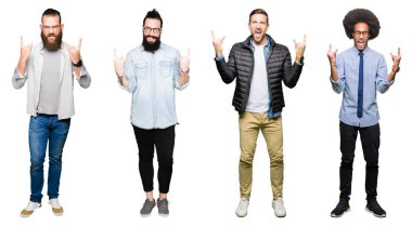 Kolaj bir grup deli ifade rock simge elle yapıyor ile bağırarak beyaz izole arka plan üzerinde genç adam. Müzik yıldızı. Ağır kavramı.