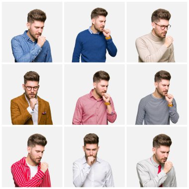 Kolaj yakışıklı genç iş adamı farklı giyen bir duygu hasta ve soğuk veya bronşit için semptom olarak öksürük beyaz izole arka plan üzerinde görünüyor. Sağlık kavramı.