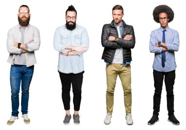 Kolaj Grup Genç üzerinde beyaz bir arka plan şüpheci ve çapraz kolları olan yüzündeki gergin, onaylamayan ifade izole. Negatif kişi.