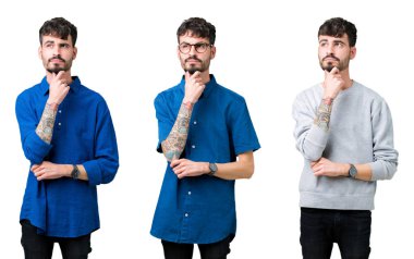 Çene düşünme hakkında soru, dalgın ifade üzerine el ile izole arka plan üzerinde genç adam kolaj. Düşünceli yüzüyle gülümsüyor. Şüphe kavramı.