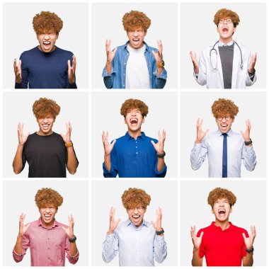 Farklı giyen genç adam kolaj izole beyaz arka plan çılgın ve kızgın bağırarak ve agresif ifade ve silah kaldırdı bağırmaya üzerinde görünüyor. Hayal kırıklığı kavramı.