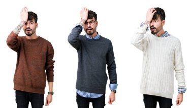 Kolaj üzerinde bir kazak giyen genç adam arka plan baş hata için el ile sürpriz izole, hata hatırlıyorum. Unuttum, kötü bellek kavramı.