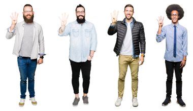 Kolaj bir grup genç adam gösterilen ve parmakları ile işaret beyaz izole arka plan üzerinde dört kendinden emin ve mutlu gülümseyerek iken numara.