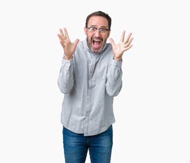 Üzerinde gözlük takan yakışıklı orta yaş zarif komuta sizde deli kutluyor arka plan izole ve silah ile başarı için yükseltilmiş ve açık gözleri heyecanlı çığlık hayrete düşürdü. Kazanan kavramı