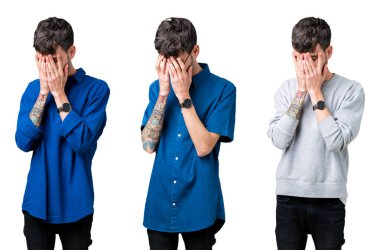 Kolaj bir süre ağlayan yüz eller ile kapsayan üzgün ifade ile izole arka plan üzerinde genç adam. Depresyon kavramı.