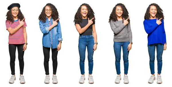 Collage Belle Jeune Femme Aux Cheveux Bouclés Sur Fond Blanc — Photo