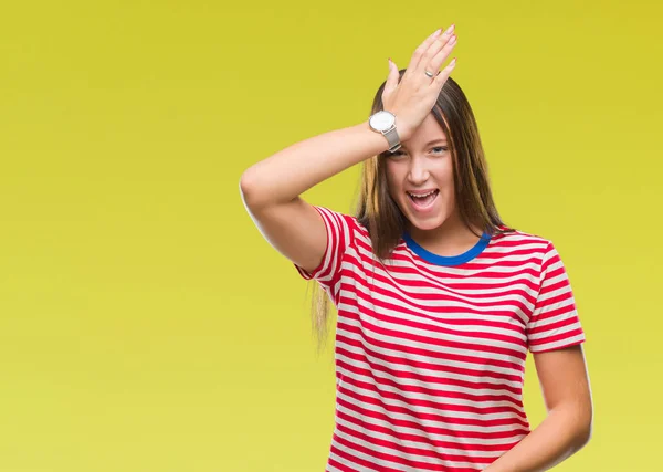 Jonge Kaukasische Mooie Vrouw Geïsoleerde Achtergrond Verrast Met Hand Het — Stockfoto