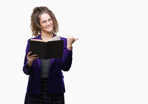 Young Brunette Student Girl Wearing School Uniform Reading Book Isolated — Stock Photo, Image