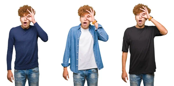 Colagem Homens Jovens Com Cabelos Cacheados Sobre Fundo Branco Isolado — Fotografia de Stock