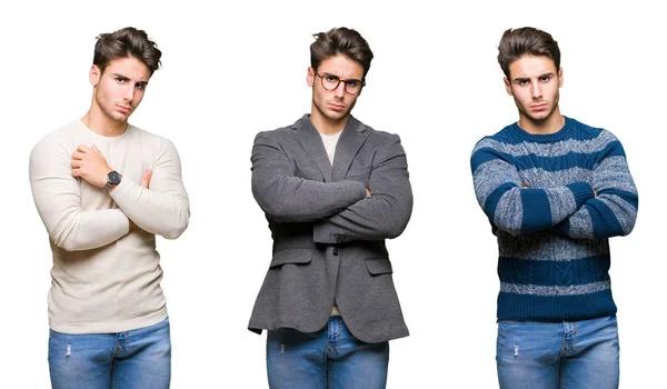 Collage Young Handsome Business Man Isolated Background Skeptic Nervous Disapproving — Stock Photo, Image