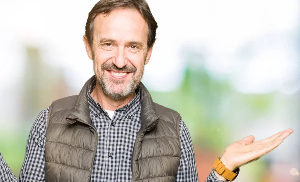 Middle Age Handsome Man Wearing Winter Vest Smiling Showing Both — Stock Photo, Image