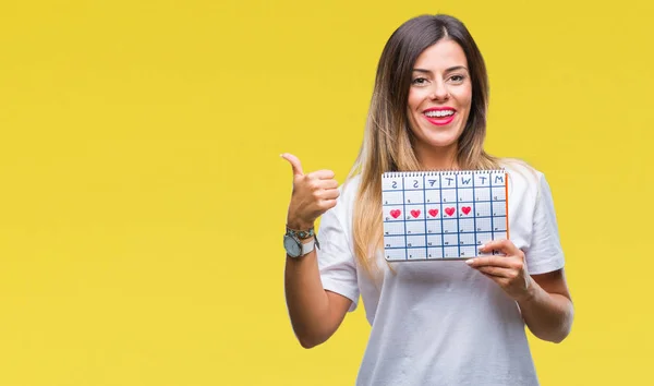 Jonge Mooie Vrouw Houdt Van Menstruatie Kalender Geïsoleerde Achtergrond Aan — Stockfoto