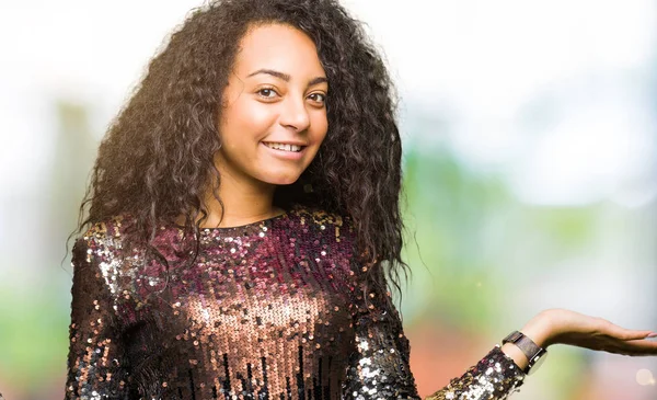 Young Beautiful Girl Curly Hair Wearing Night Party Dress Smiling — Stock Photo, Image