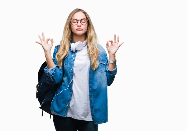 Junge Schöne Blonde Studentin Mit Kopfhörern Und Brille Über Isoliertem — Stockfoto