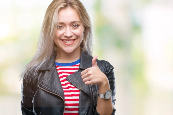 Unga Blonda Kvinnan Klädd Svart Kavaj Över Isolerade Bakgrund Gör — Stockfoto